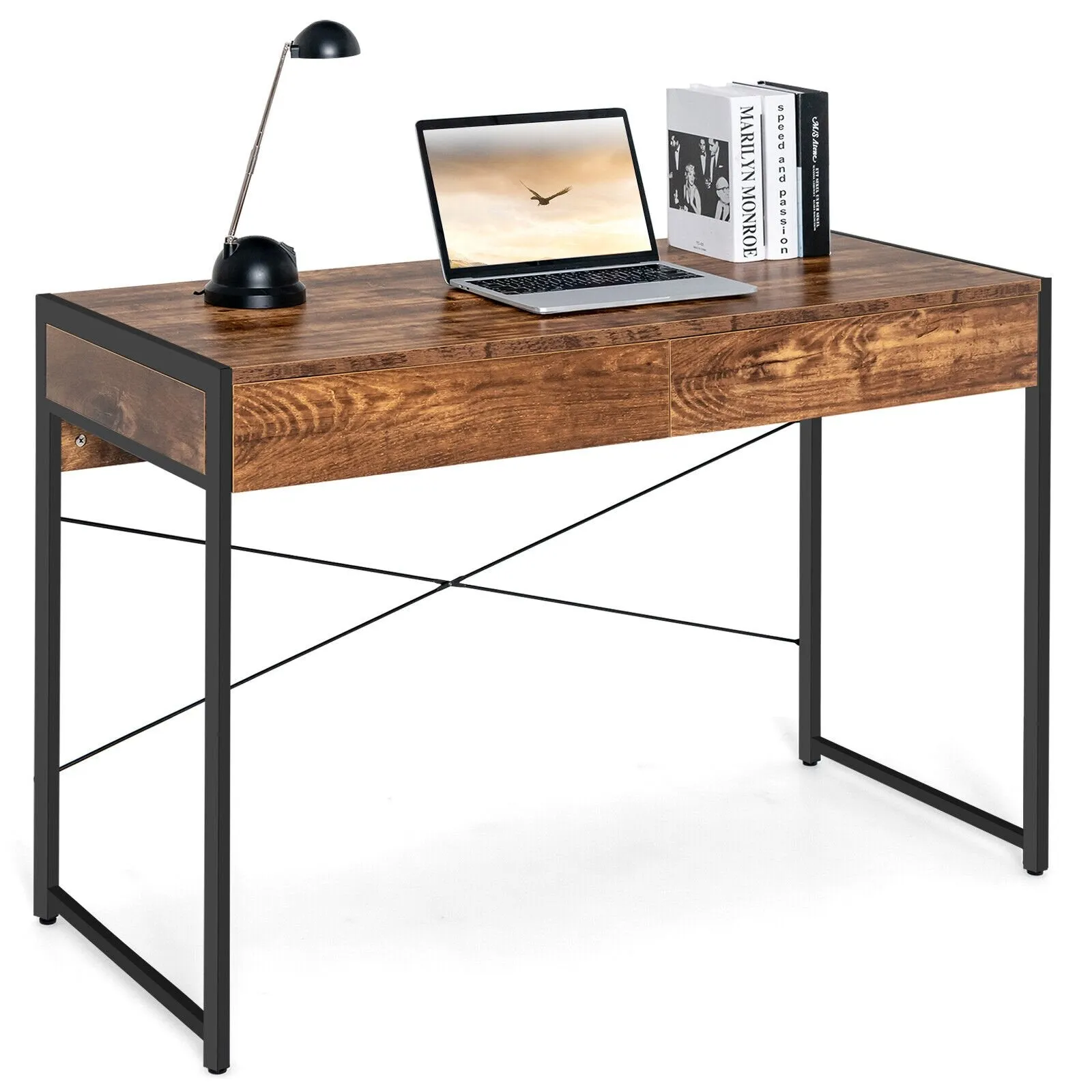 112 x 48 x 76cm Wooden Study Computer Desk with 2 Drawers-Rustic Brown