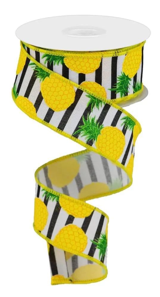 1.5" Pineapple Stripe Ribbon: Wht/Yllw/Black - 10yds