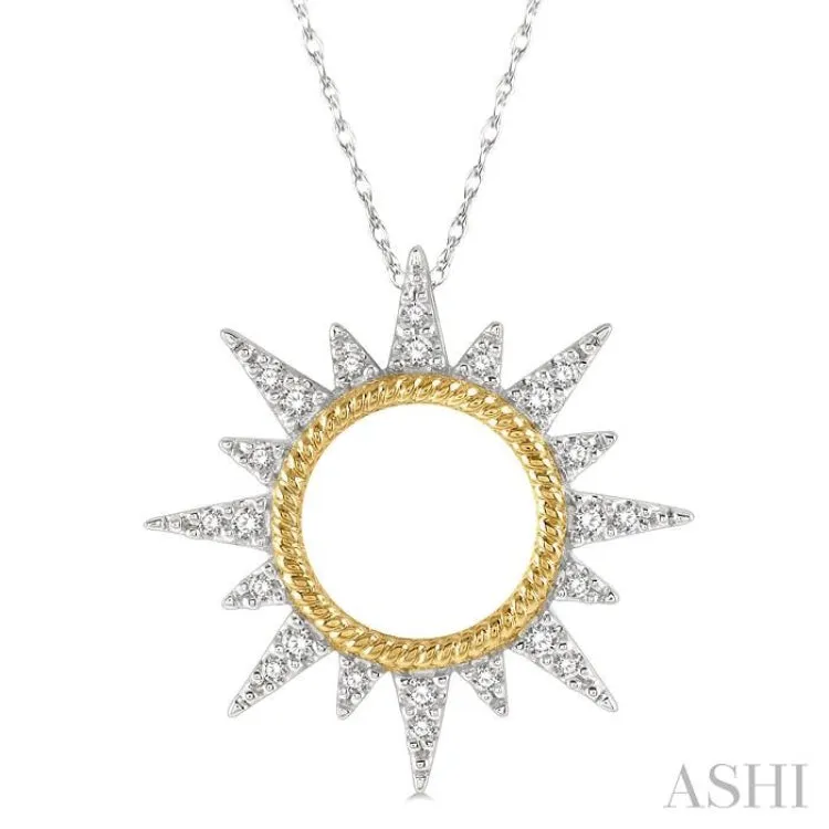 1/6 ctw Sun Motif Round Cut Diamond Pendant With Chain in 10K White and Yellow Gold