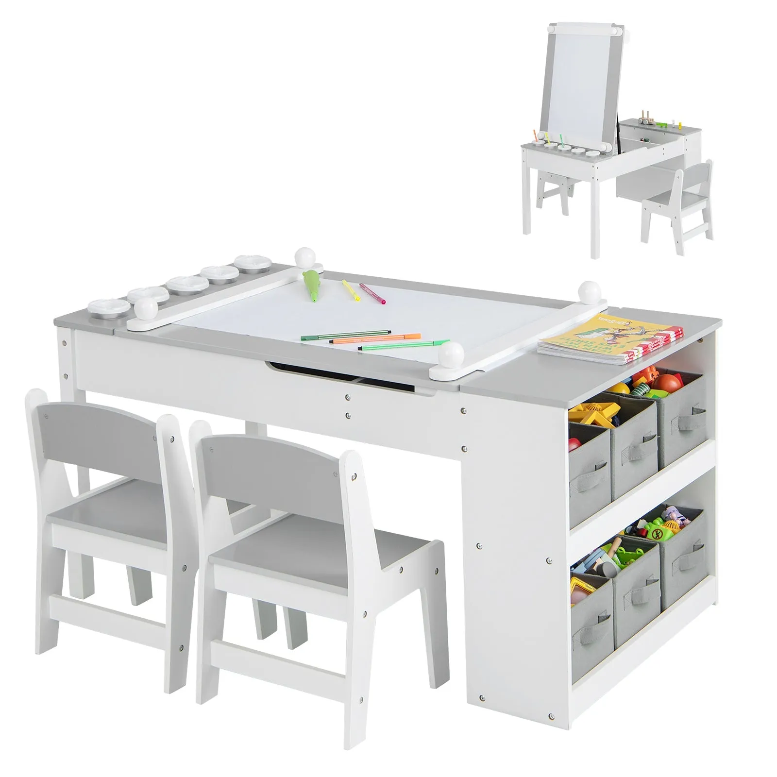 2-in-1 Kids Art Table and Art Easel Set with Chairs-Grey