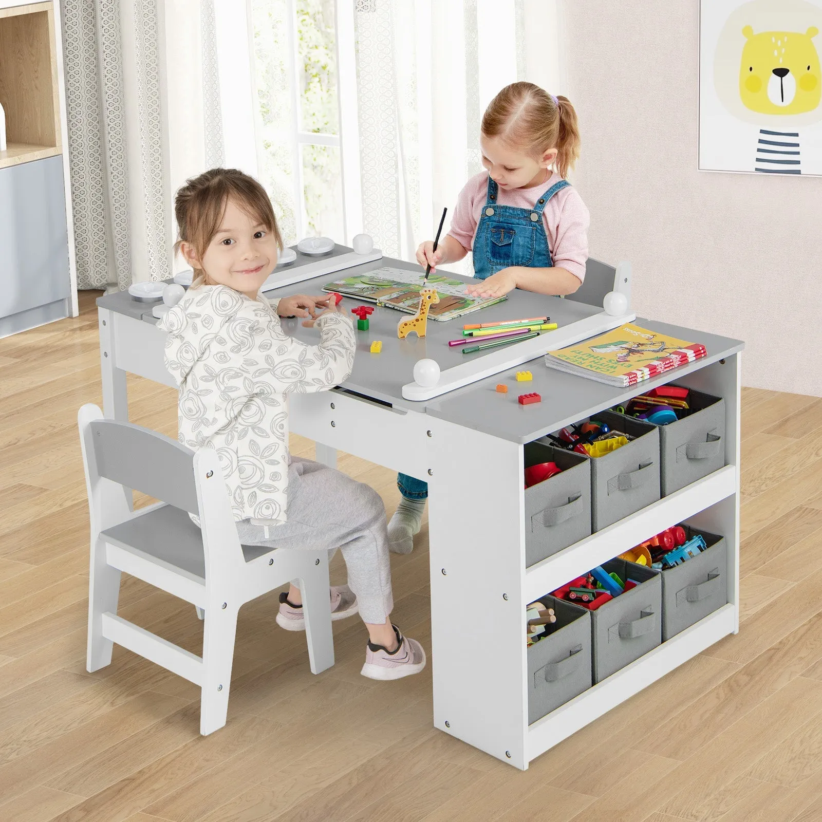 2-in-1 Kids Art Table and Art Easel Set with Chairs-Grey