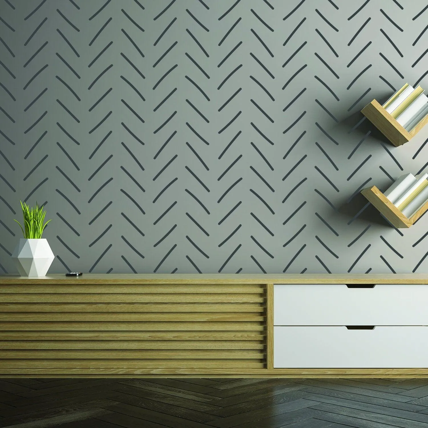 7x Rolls of Herringbone Wallpaper Peel And Stick Stickers - Geometric Self Adhesive Black Removable Stripes Wall