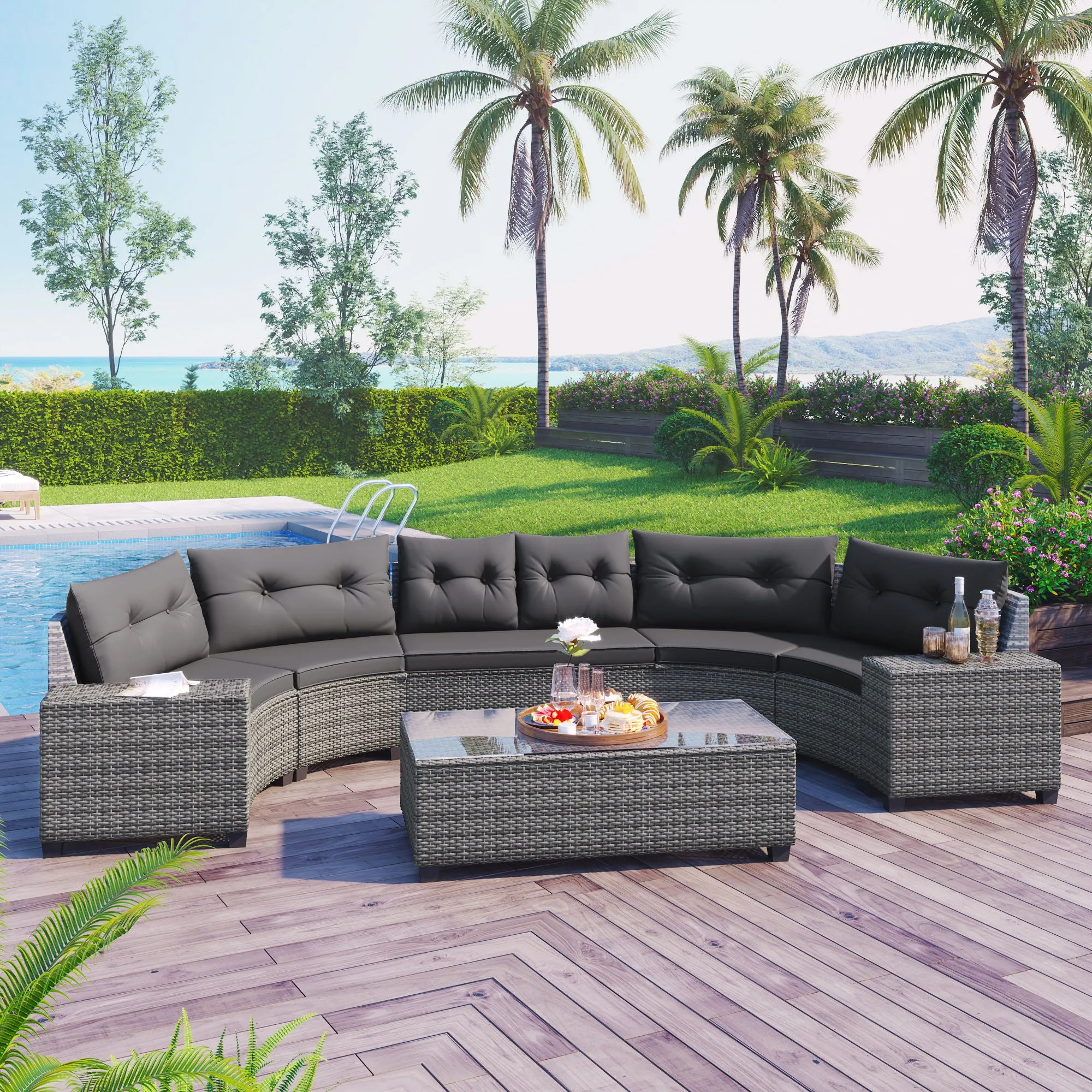 8 Pieces Outdoor Wicker Round Sofa Set, Half-Moon Sectional Sets All Weather, Curved Sofa Set With Rectangular Coffee Table, PE Rattan Water-Resistant And UV Protected, Movable Cushion