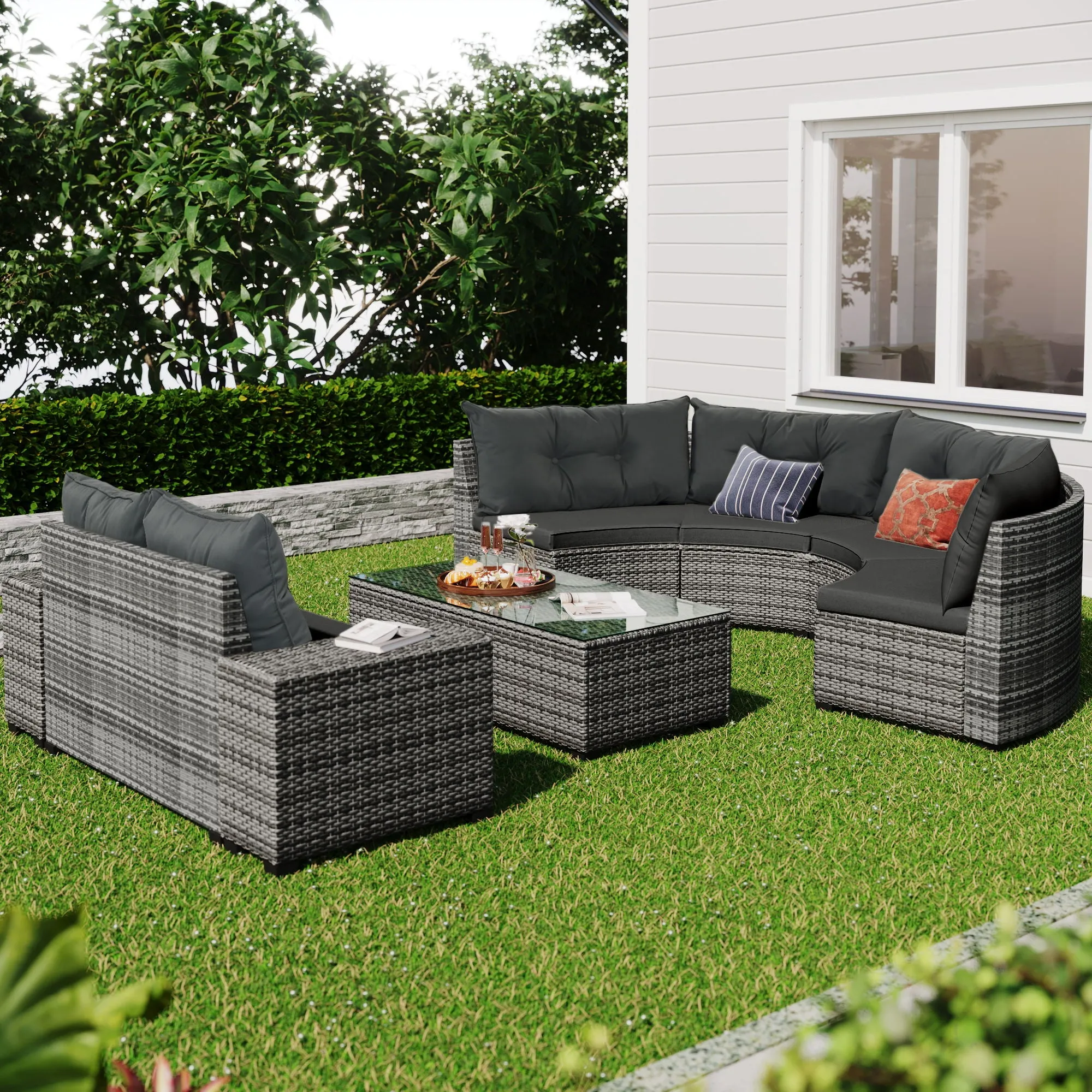 8 Pieces Outdoor Wicker Round Sofa Set, Half-Moon Sectional Sets All Weather, Curved Sofa Set With Rectangular Coffee Table, PE Rattan Water-Resistant And UV Protected, Movable Cushion