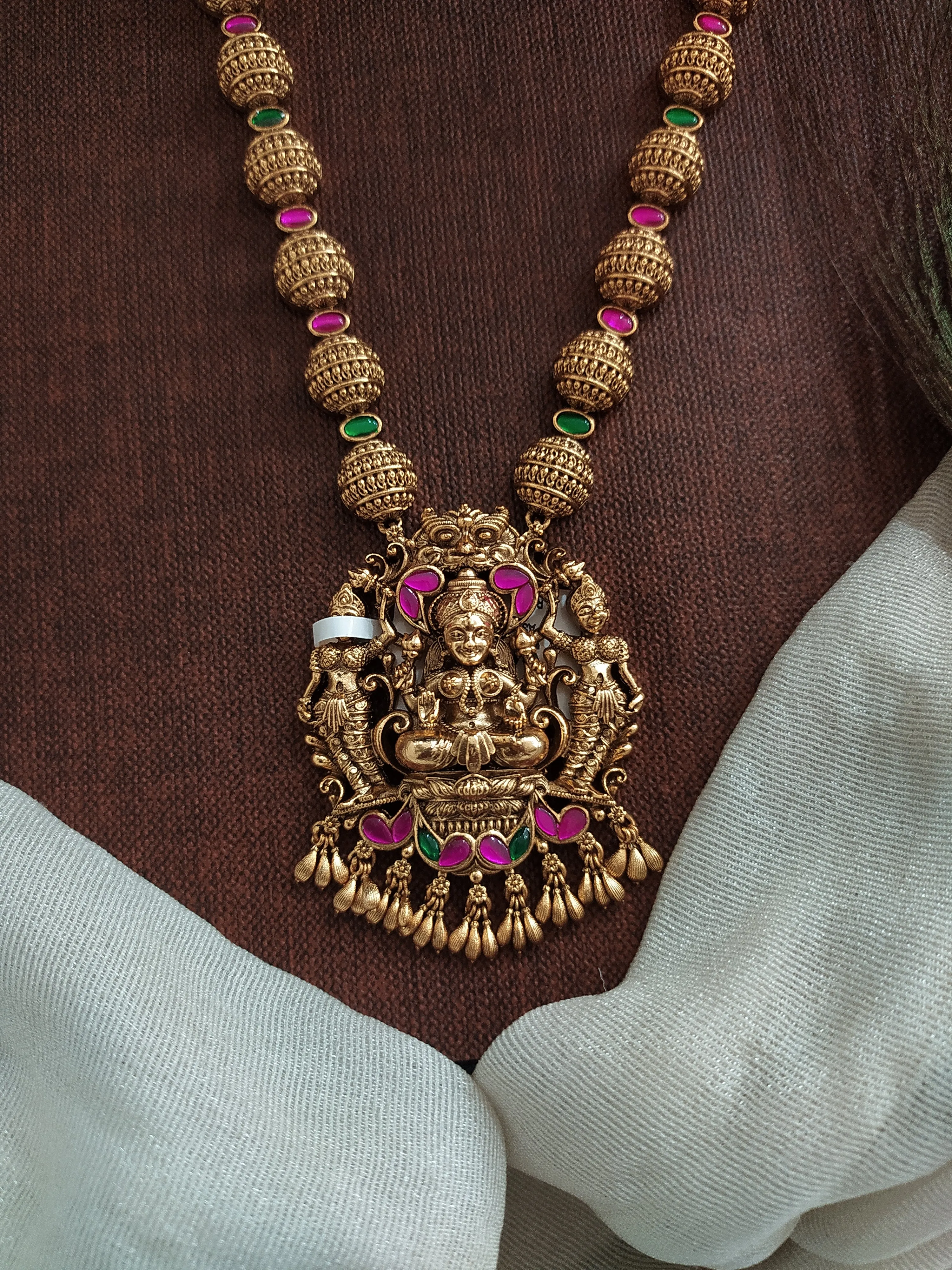 Antique Half-Circle Golden Balls Mala Set with Lakshmi Pendant and Jhumki