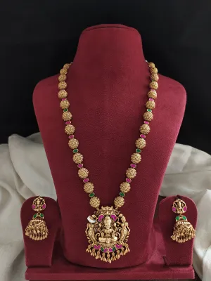 Antique Half-Circle Golden Balls Mala Set with Lakshmi Pendant and Jhumki