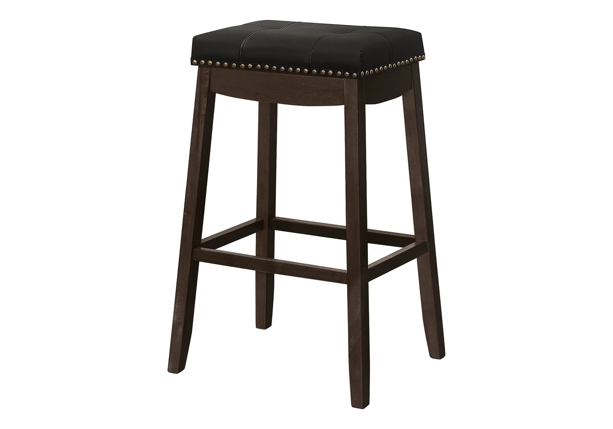 Bar Stool, Set Of 2, Bar Height, Saddle Seat, Brown Wood, Black Leather Look, Transitional