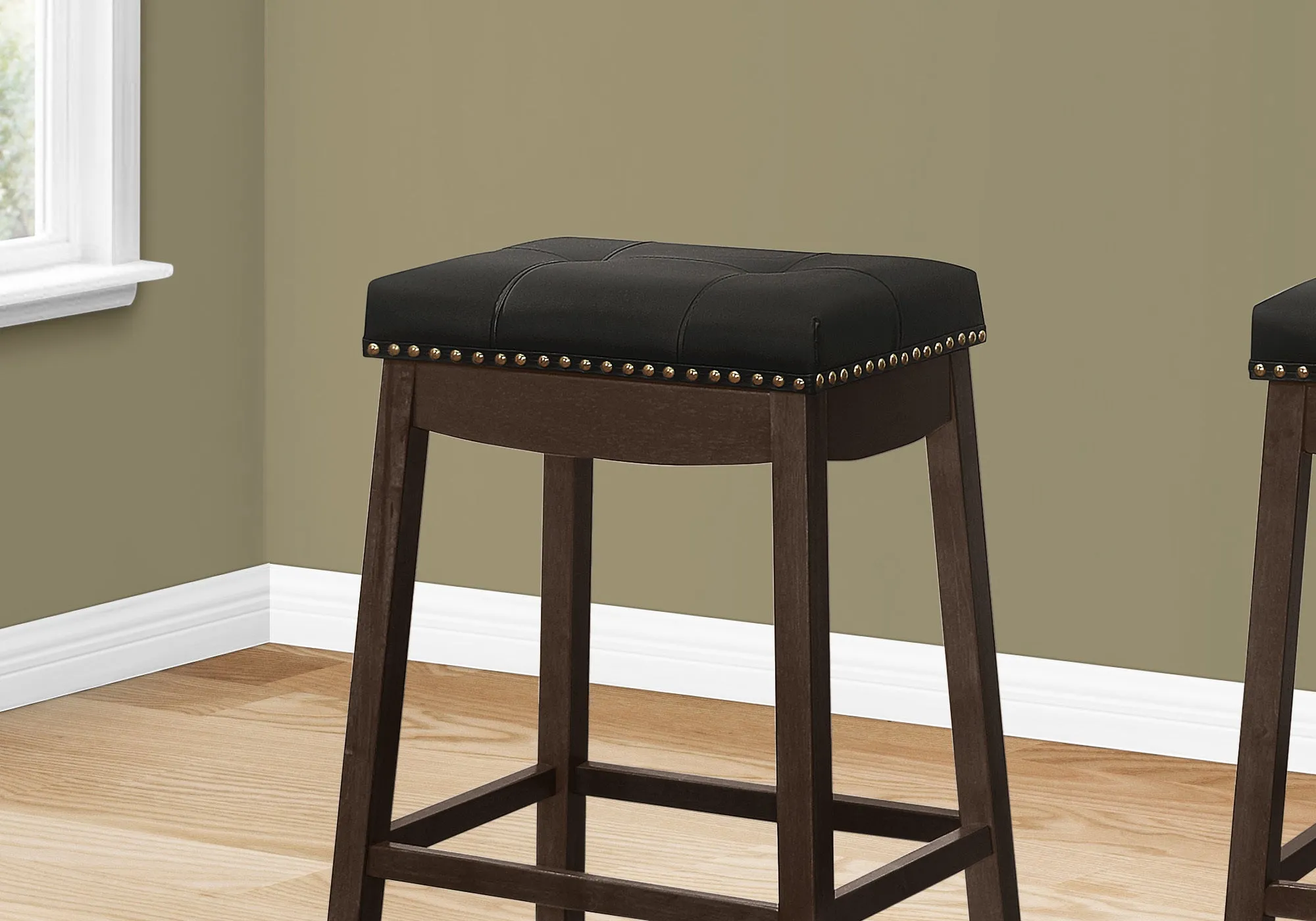 Bar Stool, Set Of 2, Bar Height, Saddle Seat, Brown Wood, Black Leather Look, Transitional