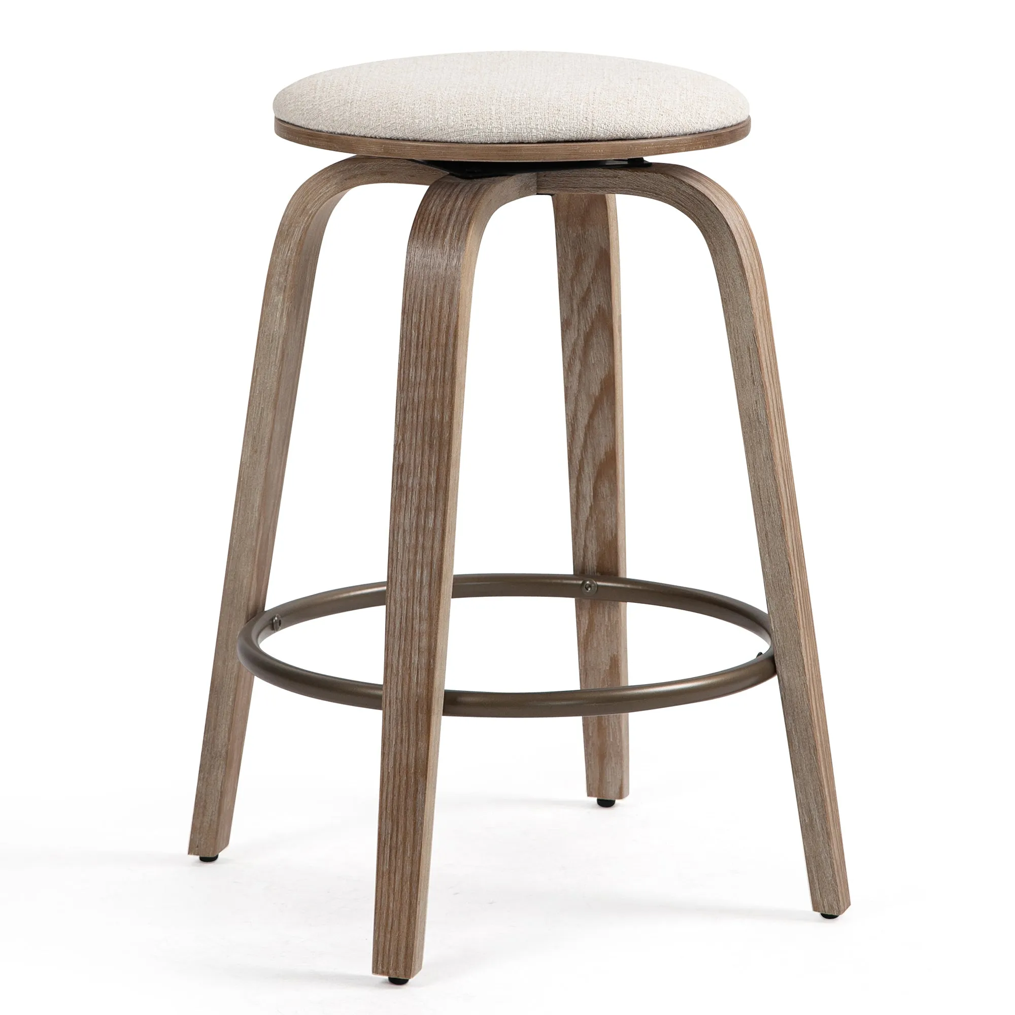 Beatus Beige Woven Fabric Counter Stool with Natural Wood Legs