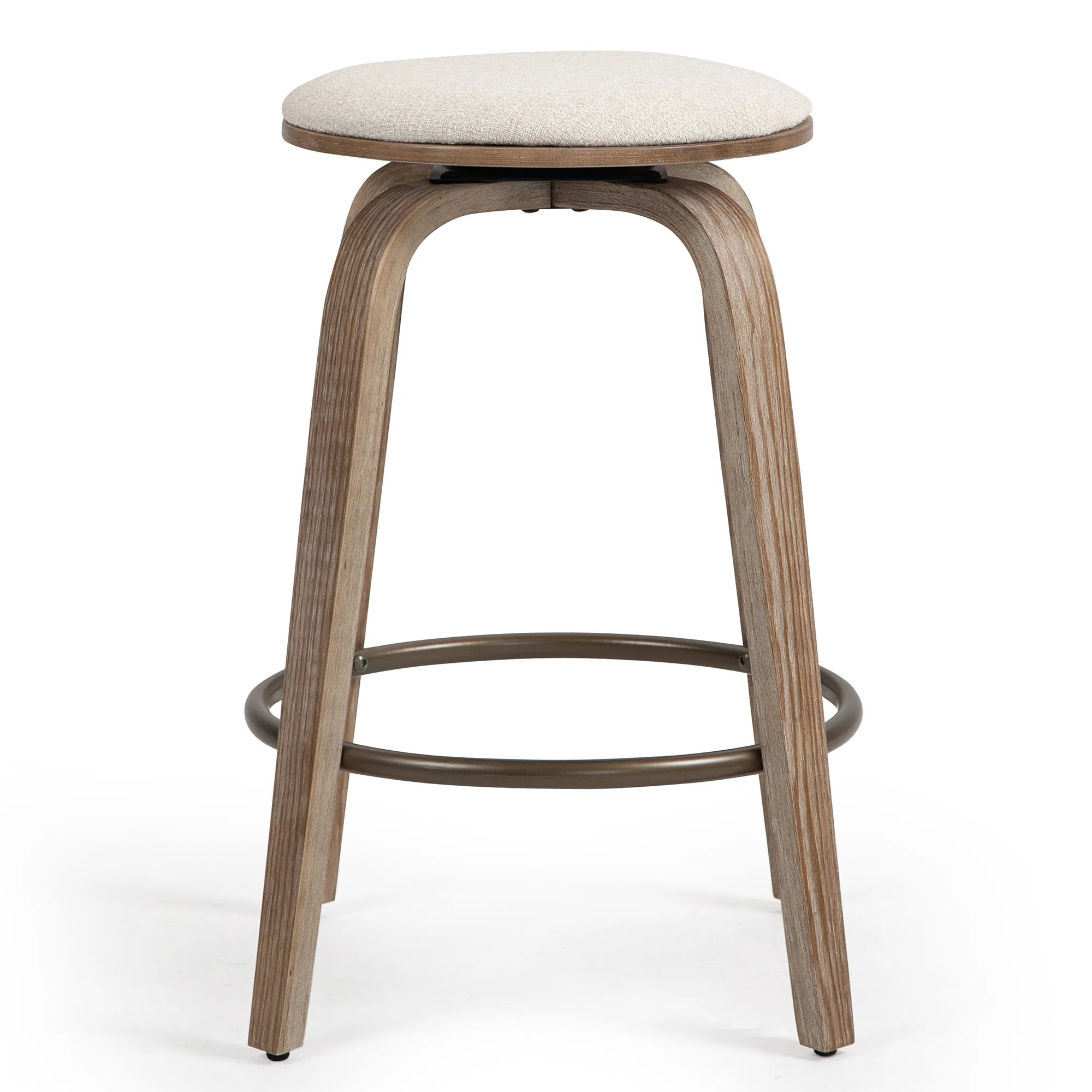 Beatus Beige Woven Fabric Counter Stool with Natural Wood Legs