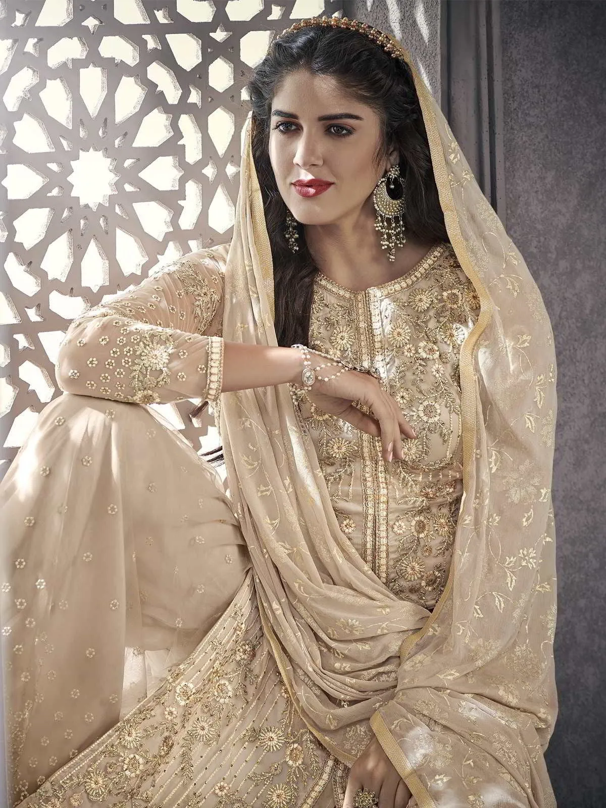 Beige All Ethnic Embroidered Pakistani Palazzo Suit