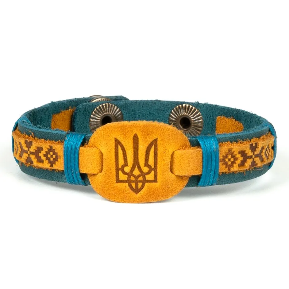 Blue and Yellow Leather Bracelet “Tryzub”