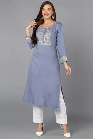 Blue Pottery Viscose Rayon Embroidered Straight Kurta