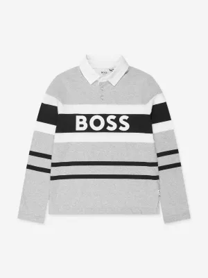 BOSS Boys Long Sleeve Striped Polo Shirt in Grey