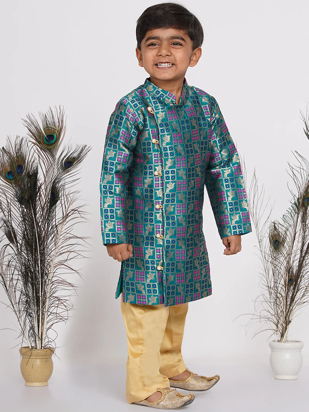 Boy's Peacock Banarsi Sherwani with Pyjama - Peacock Green and Beige - Little Bansi Boys