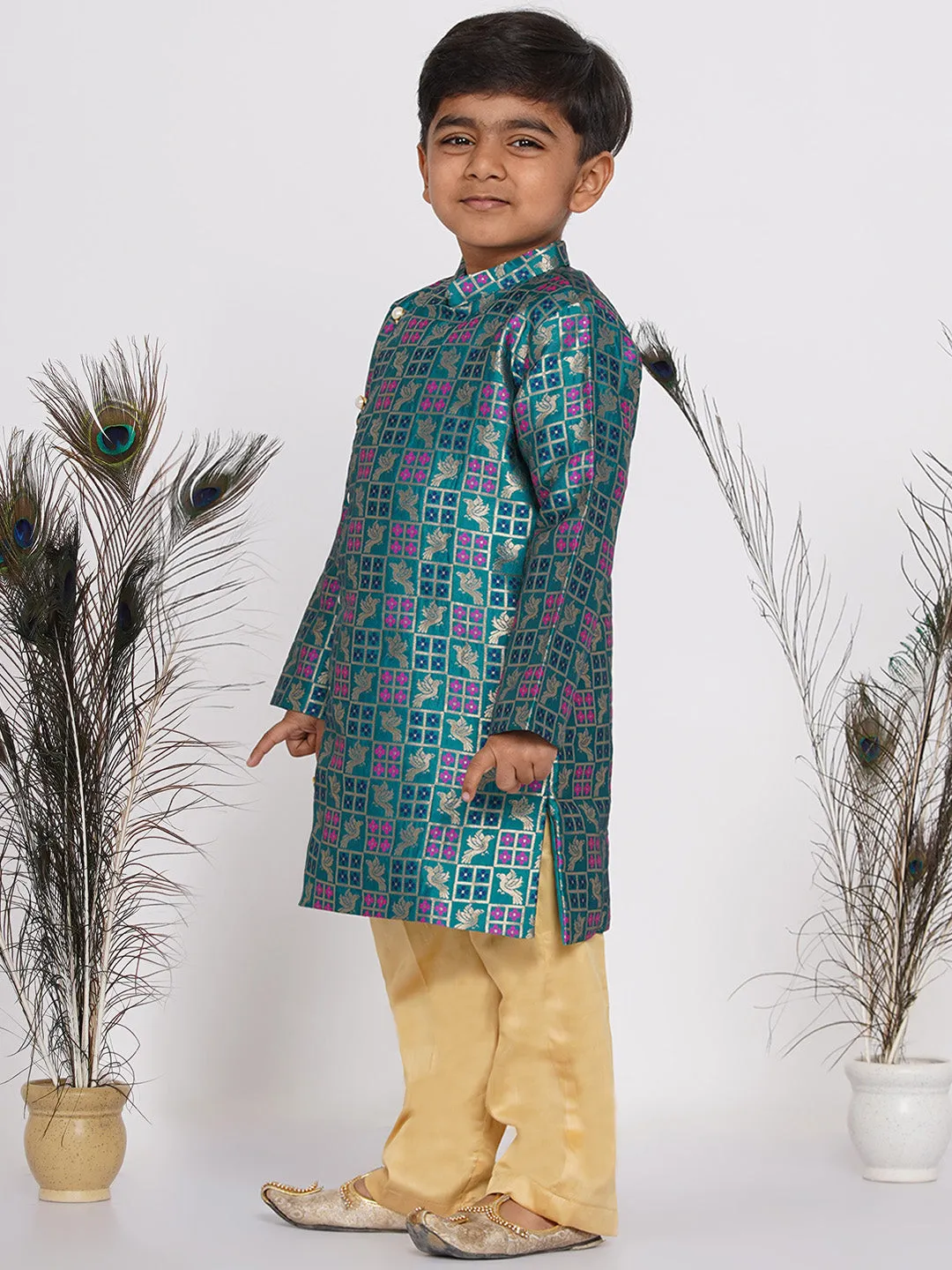 Boy's Peacock Banarsi Sherwani with Pyjama - Peacock Green and Beige - Little Bansi Boys