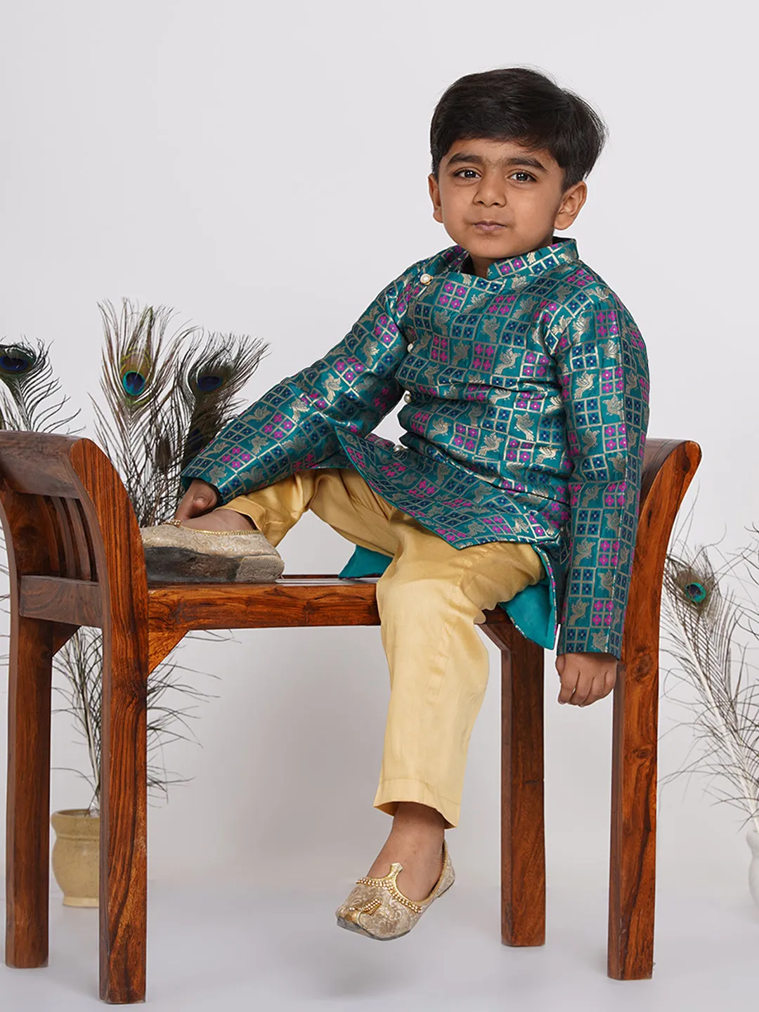 Boy's Peacock Banarsi Sherwani with Pyjama - Peacock Green and Beige - Little Bansi Boys