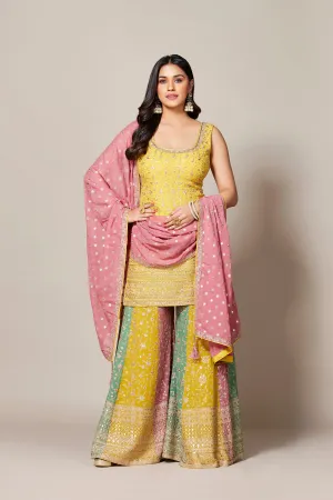 Bright Yellow Embellished Swiss Georgette Silk Palazzo Set