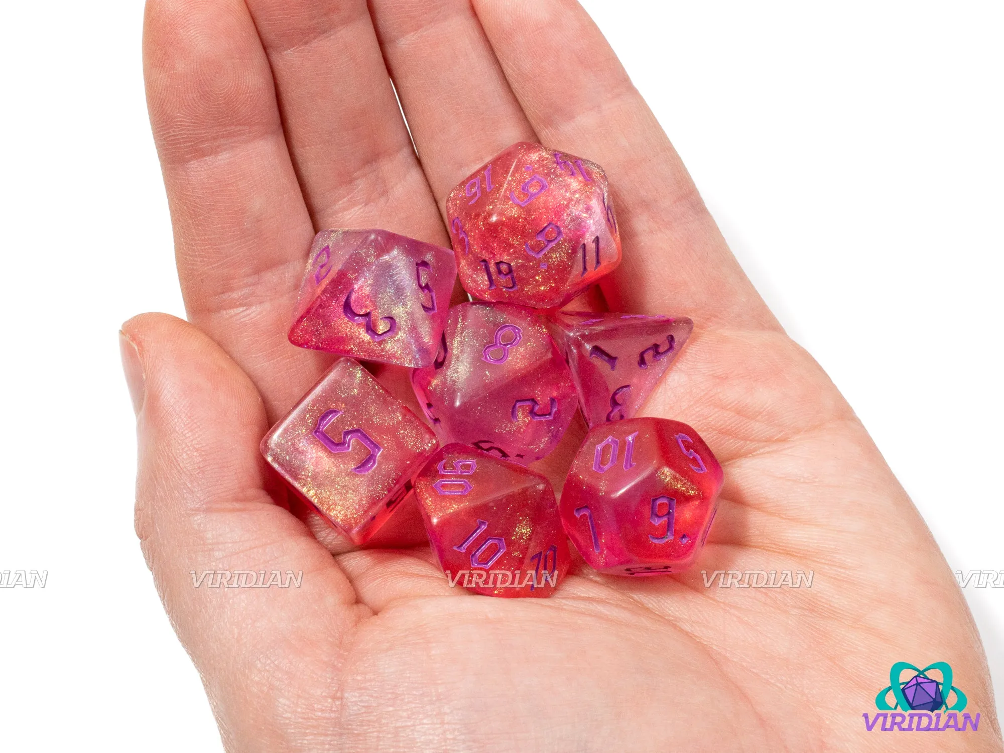 Cheshire Redux | Pink, Orange, Gold Glitter, Gothic Purple Font | Acrylic Dice Set (7)