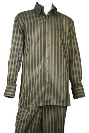 Dual Stripes Long Sleeve 2pc Walking Suit Set - Olive