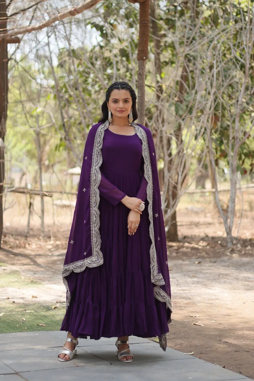 Faux Georgette Purple Gown with Cascading Frills and Sequin Dupatta