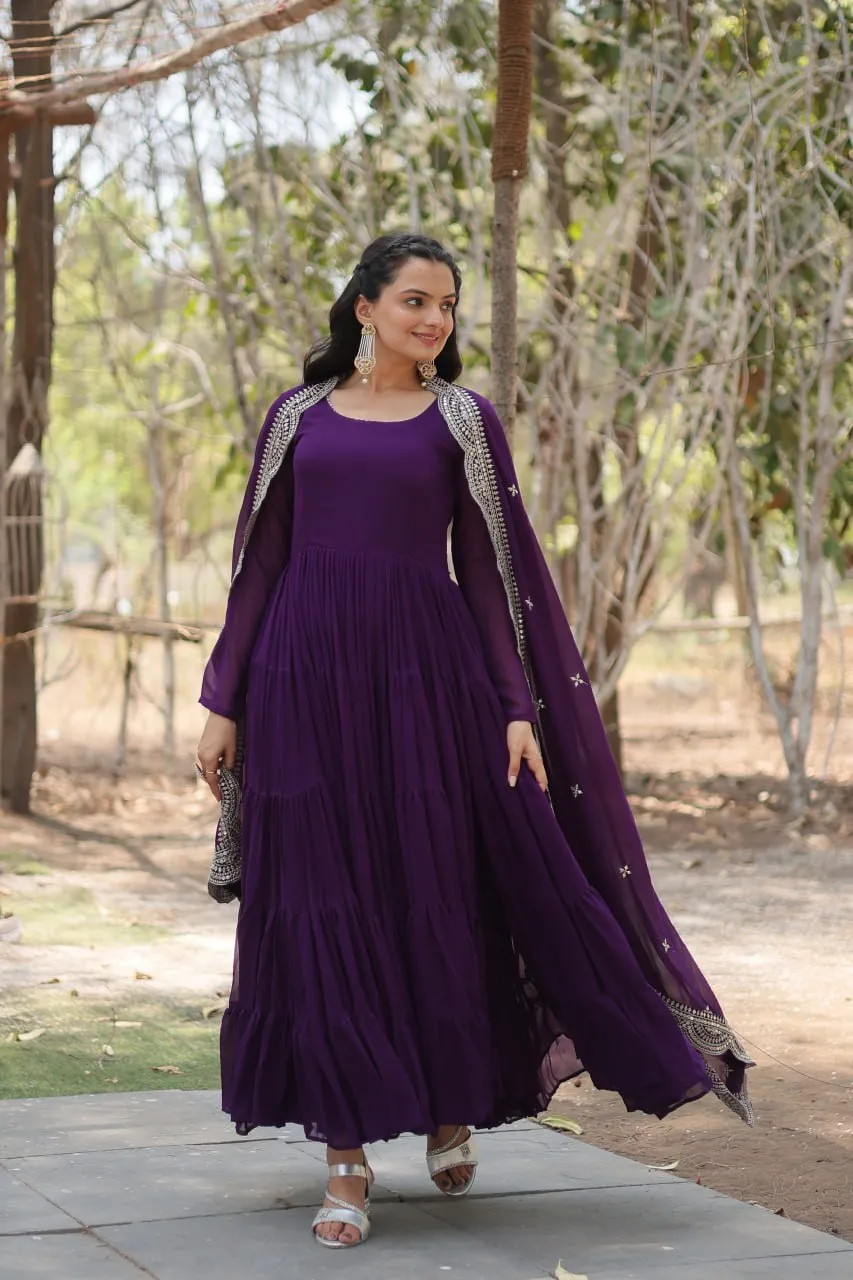 Faux Georgette Purple Gown with Cascading Frills and Sequin Dupatta