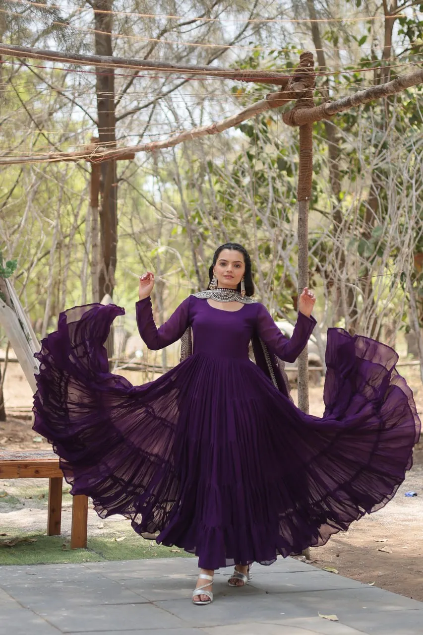 Faux Georgette Purple Gown with Cascading Frills and Sequin Dupatta