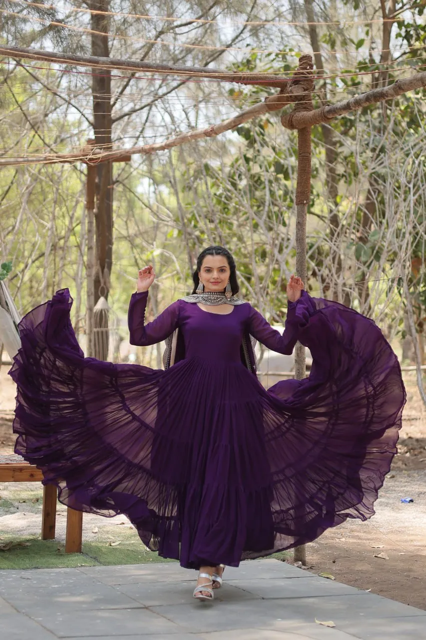 Faux Georgette Purple Gown with Cascading Frills and Sequin Dupatta