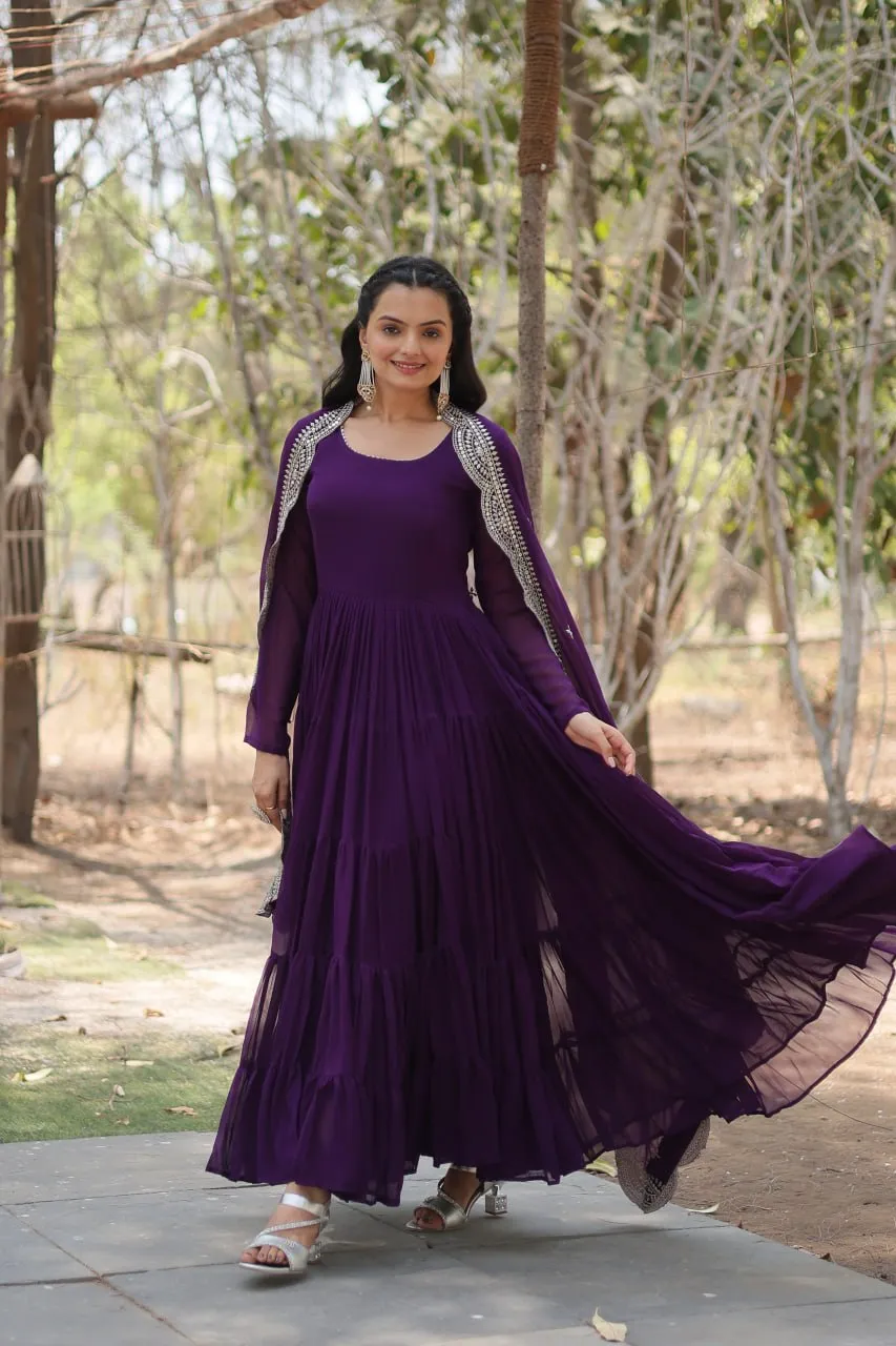 Faux Georgette Purple Gown with Cascading Frills and Sequin Dupatta