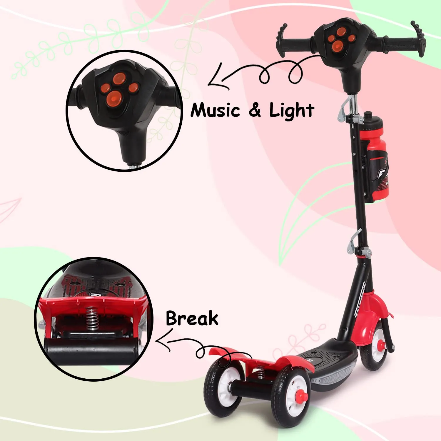 Fun Ride Funride Kids Scooter Rush Dx with Lights & Music, Three Wheel Kick Scooters for Boys & Girls with Sipper, Adjustable Height & Rear Brake, 3 Wheels Skate for Age 3-10 Years (Red)