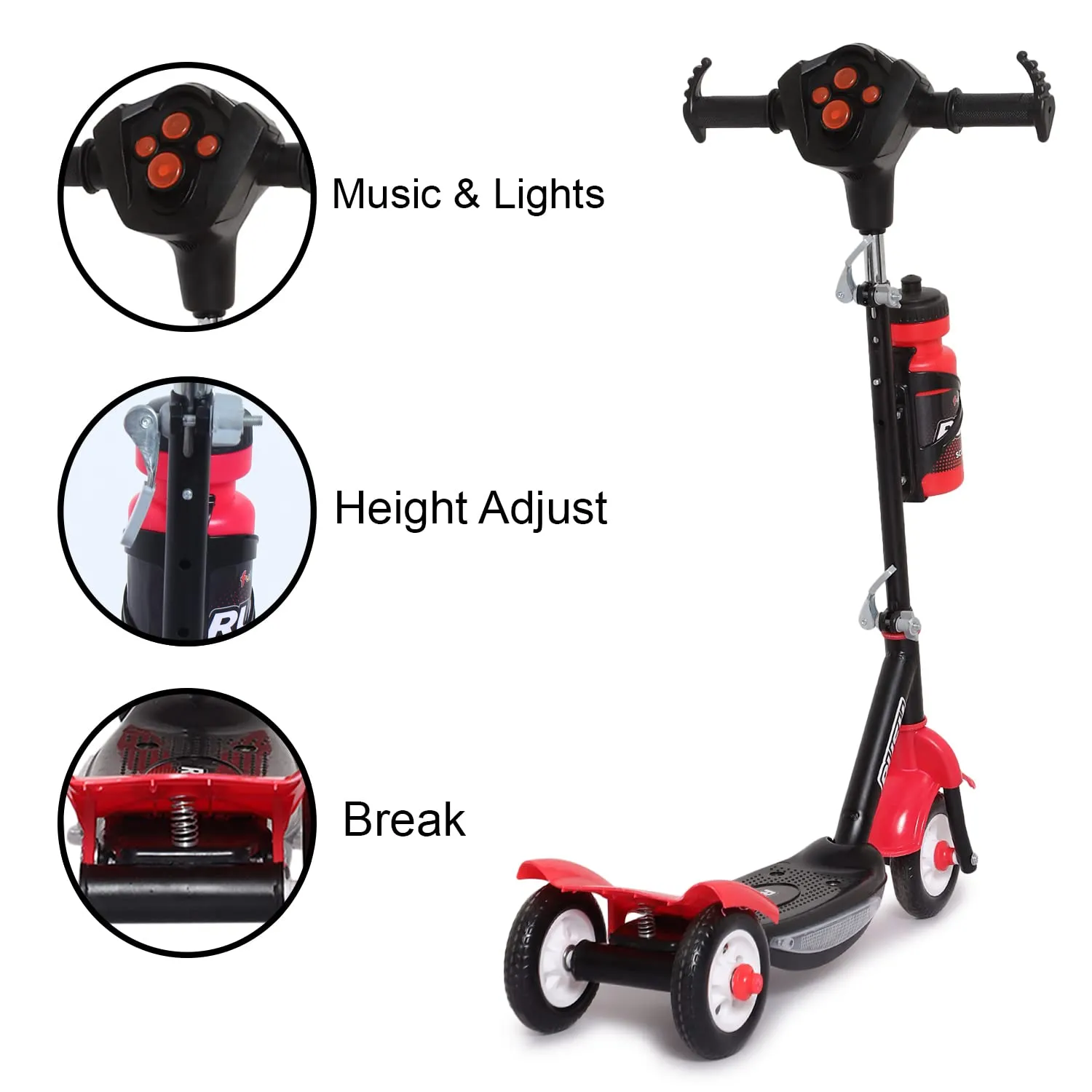 Fun Ride Funride Kids Scooter Rush Dx with Lights & Music, Three Wheel Kick Scooters for Boys & Girls with Sipper, Adjustable Height & Rear Brake, 3 Wheels Skate for Age 3-10 Years (Red)