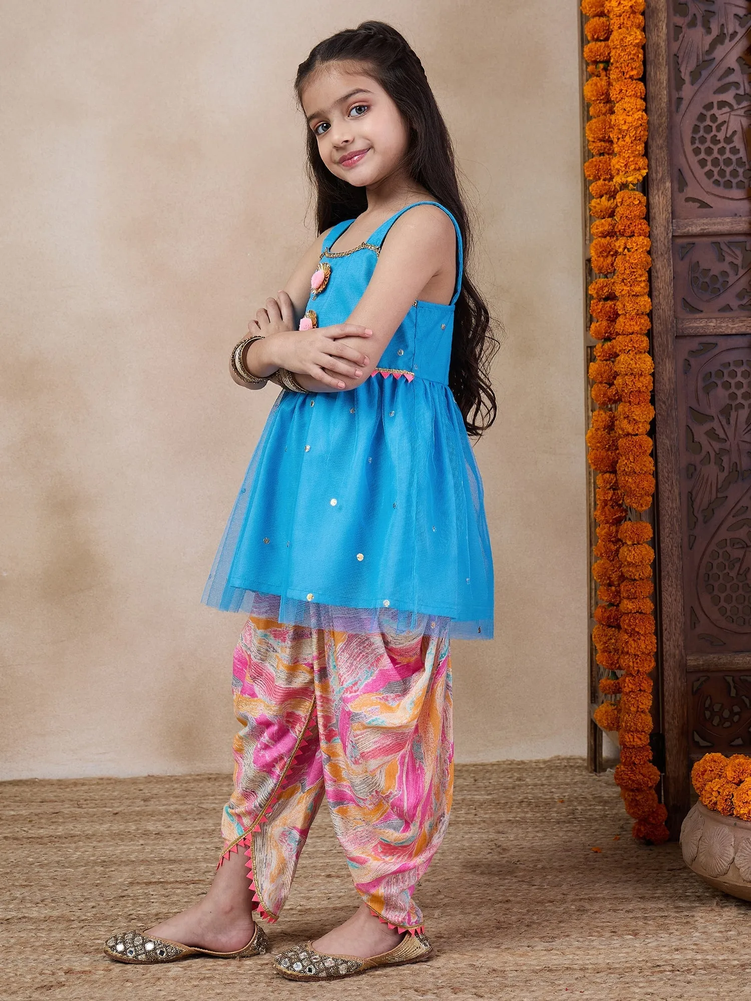 Girls Ethnic Motifs Embroidered Regular Kurti With Dhoti Pants