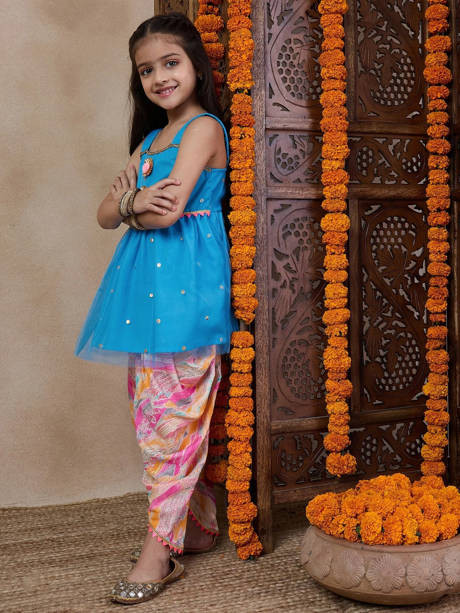 Girls Ethnic Motifs Embroidered Regular Kurti With Dhoti Pants