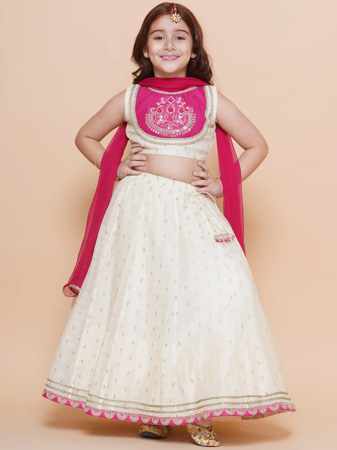 Girls Off white Jacquard booti lehenga & Pink Embroidered Choli Lehenga With Dupatta