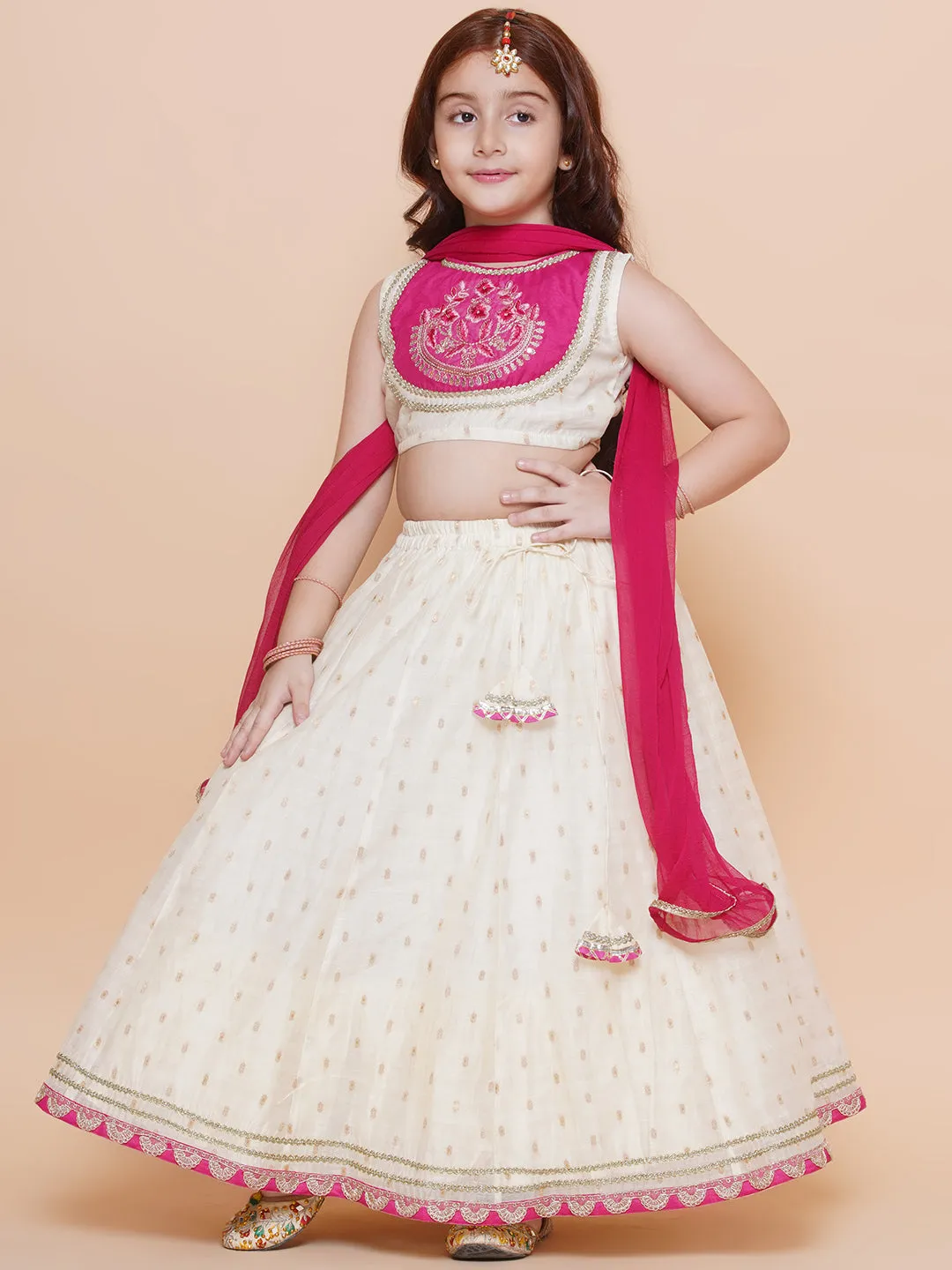 Girls Off white Jacquard booti lehenga & Pink Embroidered Choli Lehenga With Dupatta