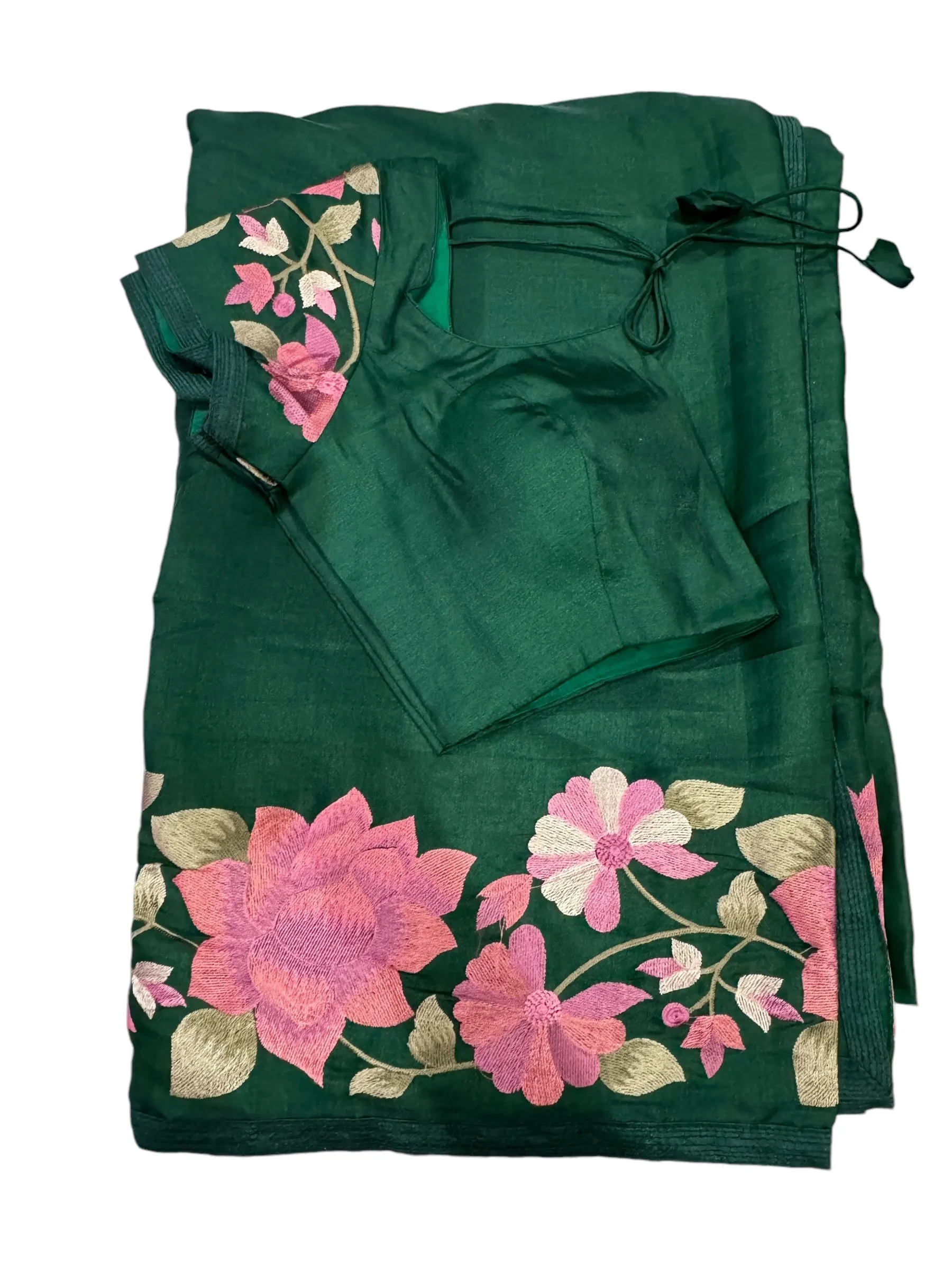 GREEN DOLA SILK TUSAR SAREE WITH INTRICATE FLORAL EMBROIDERY