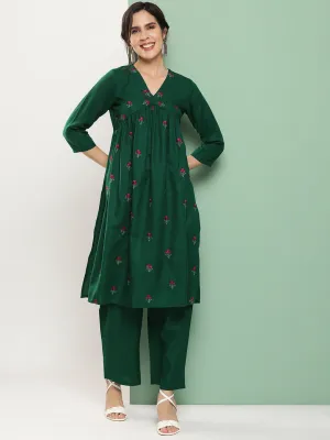 Green Embroidered Kurta With Green Solid Palazzo.