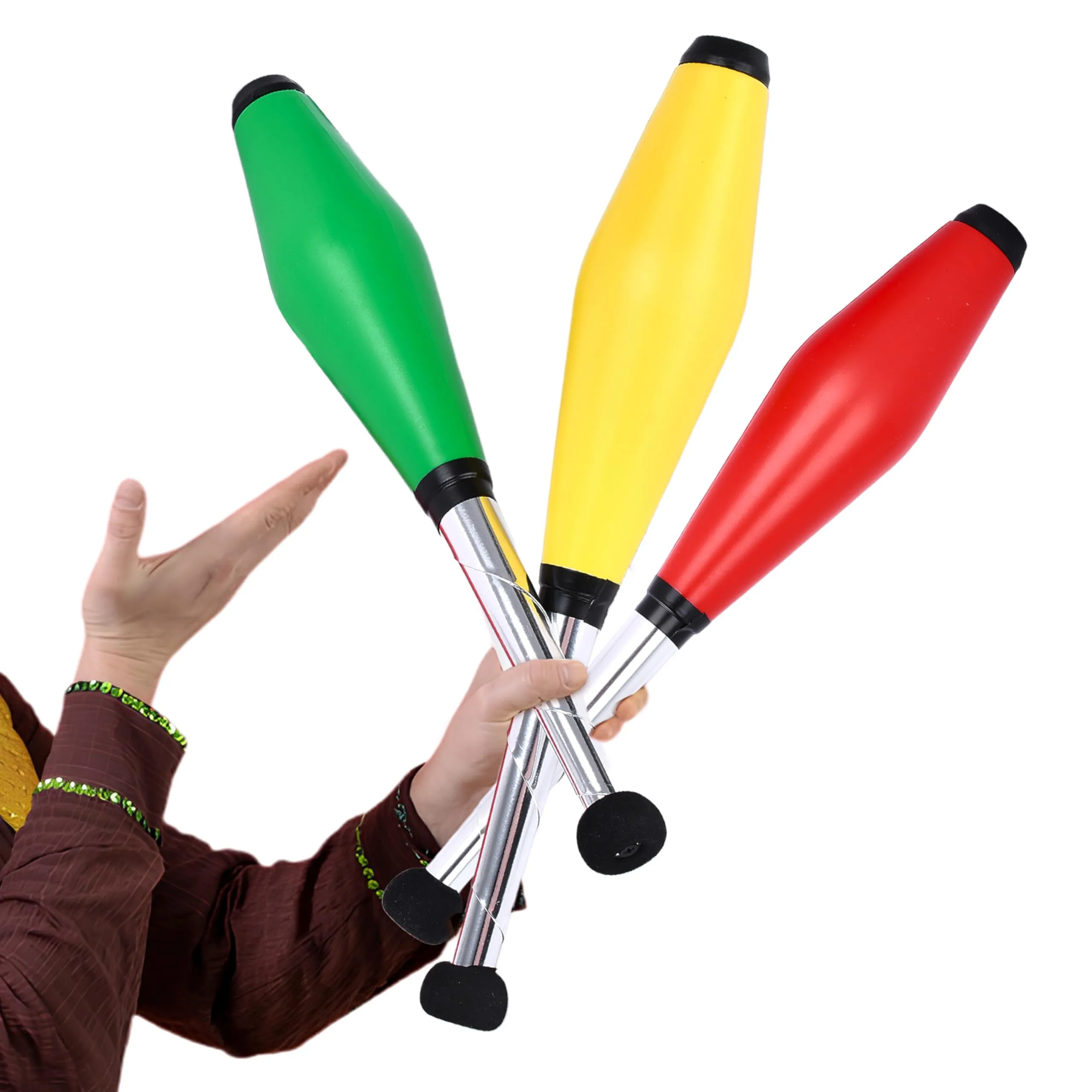 Juggling Pins - Set Of 3 Green, Yellow, And Red Plastic Juggling Clubs - 3hx16