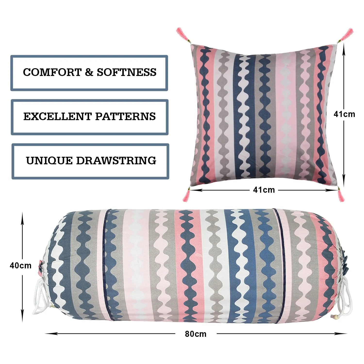 Kuber Industries Bolster Cover | Soft Cotton 2 Piece Bolster Cover Set | 3 Piece Square Cushion Cover Set | Zig Zag Design Bolster & Cushion Cover Set | Pack of 5 | Multicolor