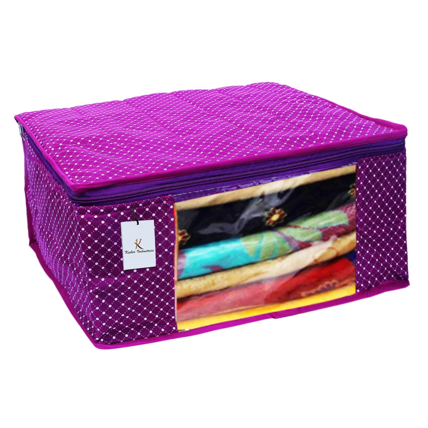 Kuber Industries Polka Dots 1 Piece Cotton 3 Layered Quilted Saree Cover, Purple - CTKTC025805