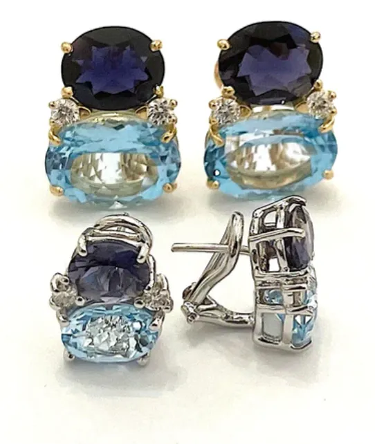 Large GUM DROP™ Earrings with Pale Blue Topaz and Bright Amethyst and Diamonds