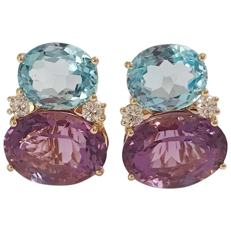 Large GUM DROP™ Earrings with Pale Blue Topaz and Bright Amethyst and Diamonds