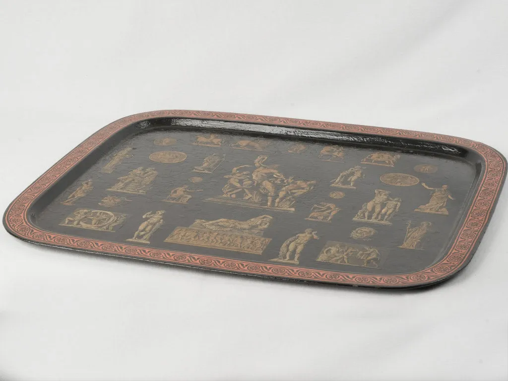 Large Late 19th-Century Arte Povera Tole Tray with Classical Greco-Roman Motifs 31"