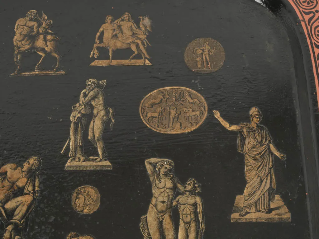 Large Late 19th-Century Arte Povera Tole Tray with Classical Greco-Roman Motifs 31"