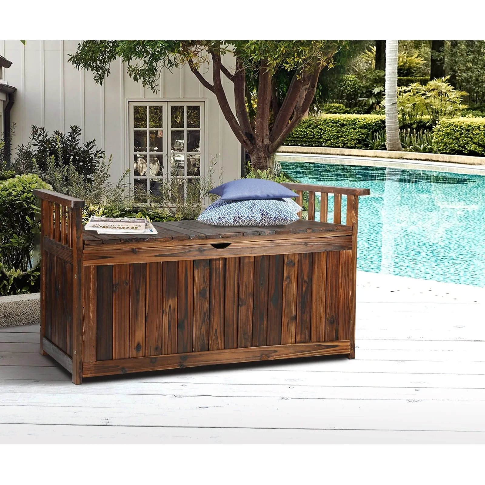 Livsip Outdoor Storage Box Wooden Garden Bench Chest Tool Container L Charcoal