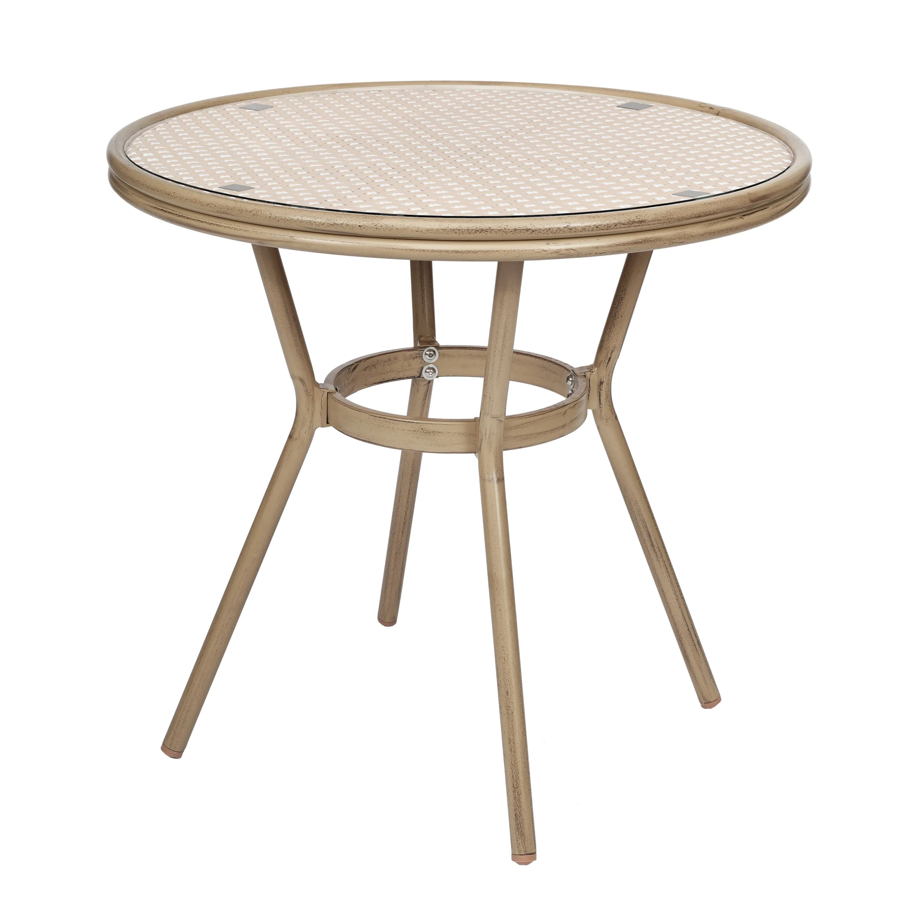 Lourdes Indoor/Outdoor Commercial Bistro 31.5" Table, PE Rattan, Glass Top, Bamboo Print Aluminum Frame