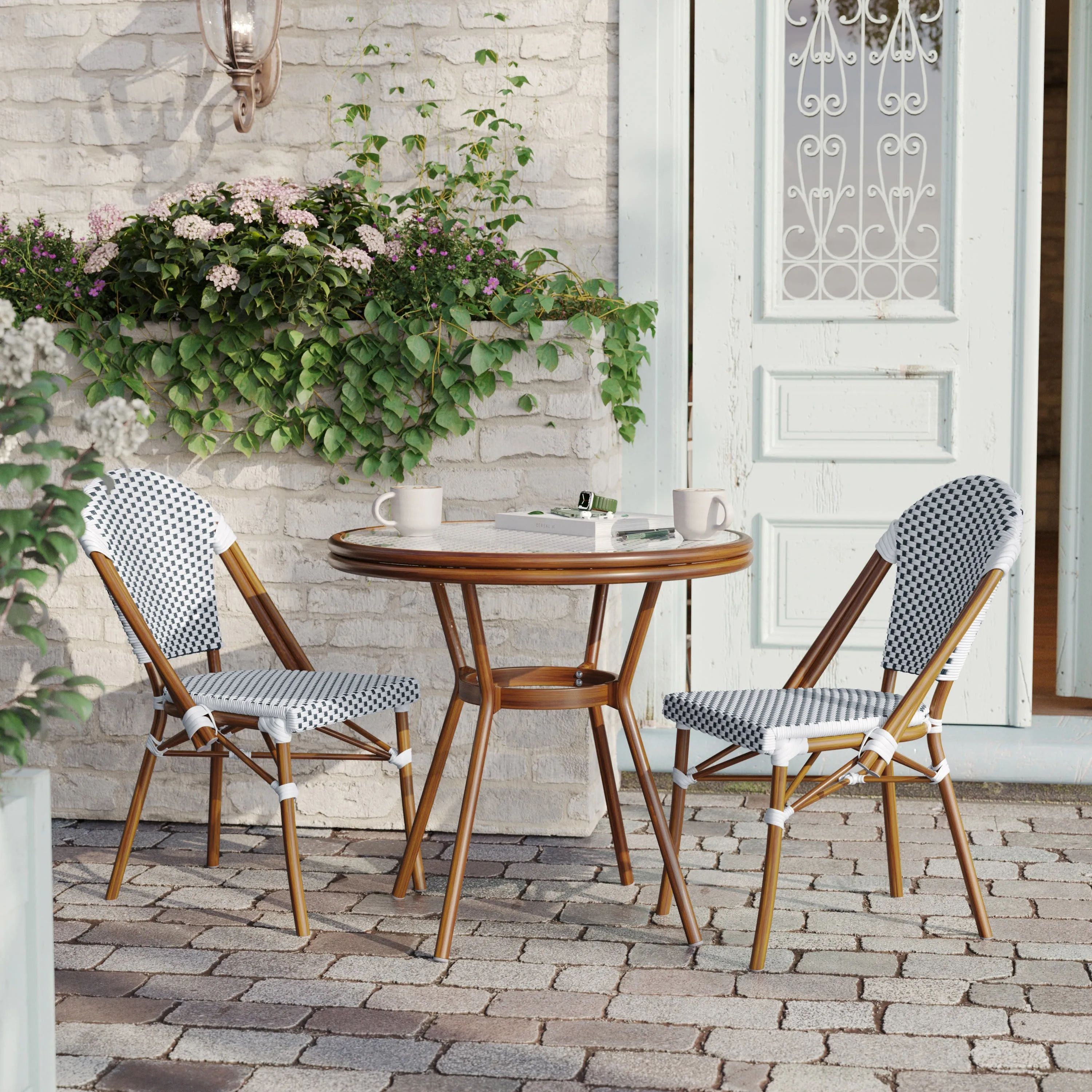 Lourdes Indoor/Outdoor Commercial Bistro 31.5" Table, PE Rattan, Glass Top, Bamboo Print Aluminum Frame