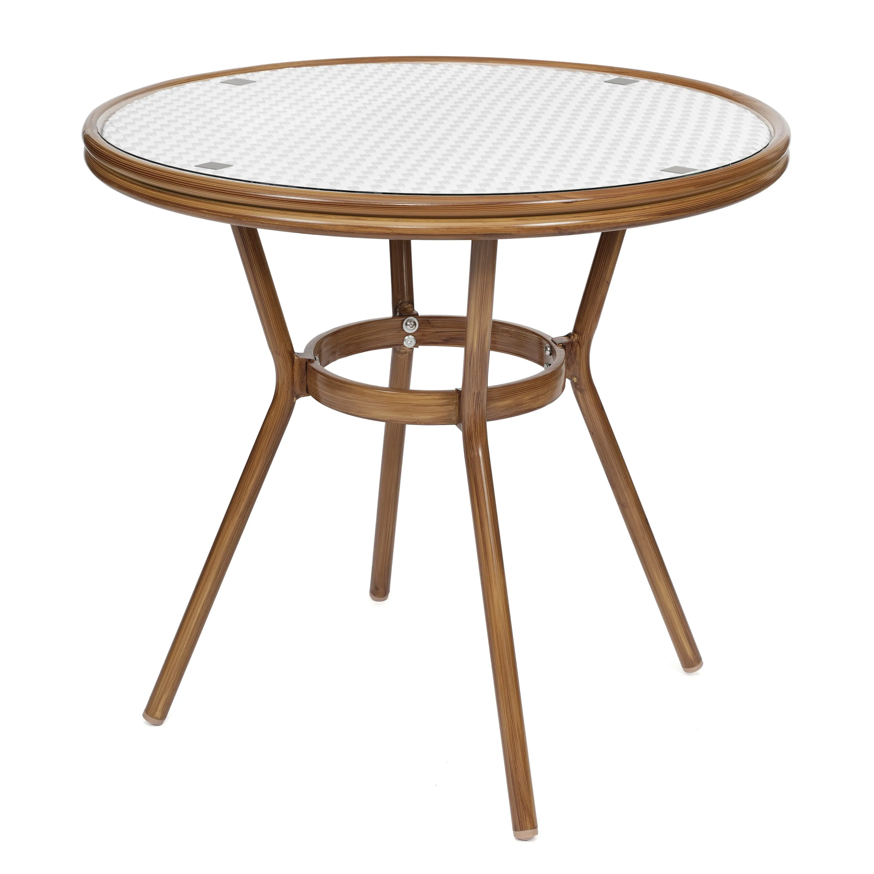 Lourdes Indoor/Outdoor Commercial Bistro 31.5" Table, PE Rattan, Glass Top, Bamboo Print Aluminum Frame