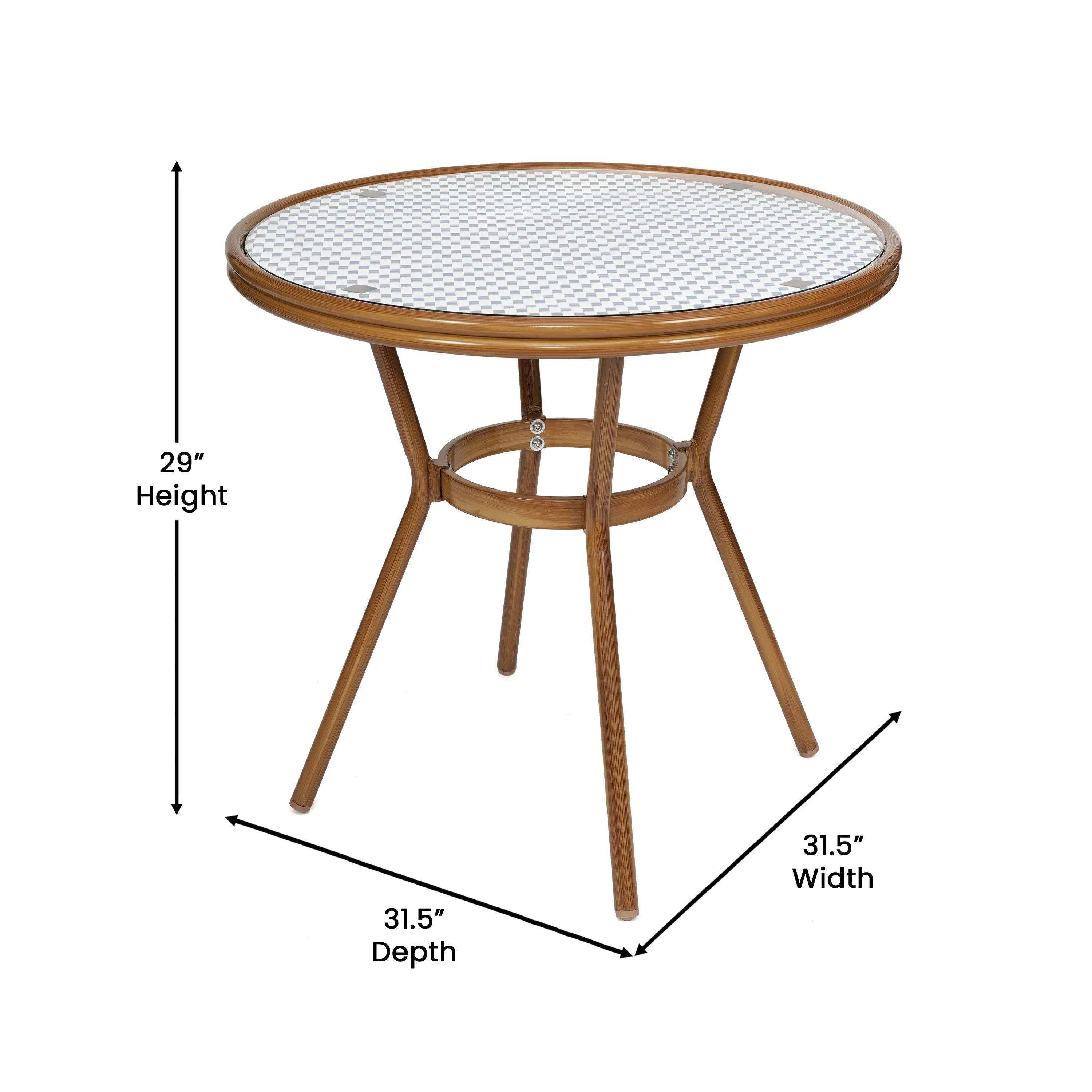 Lourdes Indoor/Outdoor Commercial Bistro 31.5" Table, PE Rattan, Glass Top, Bamboo Print Aluminum Frame