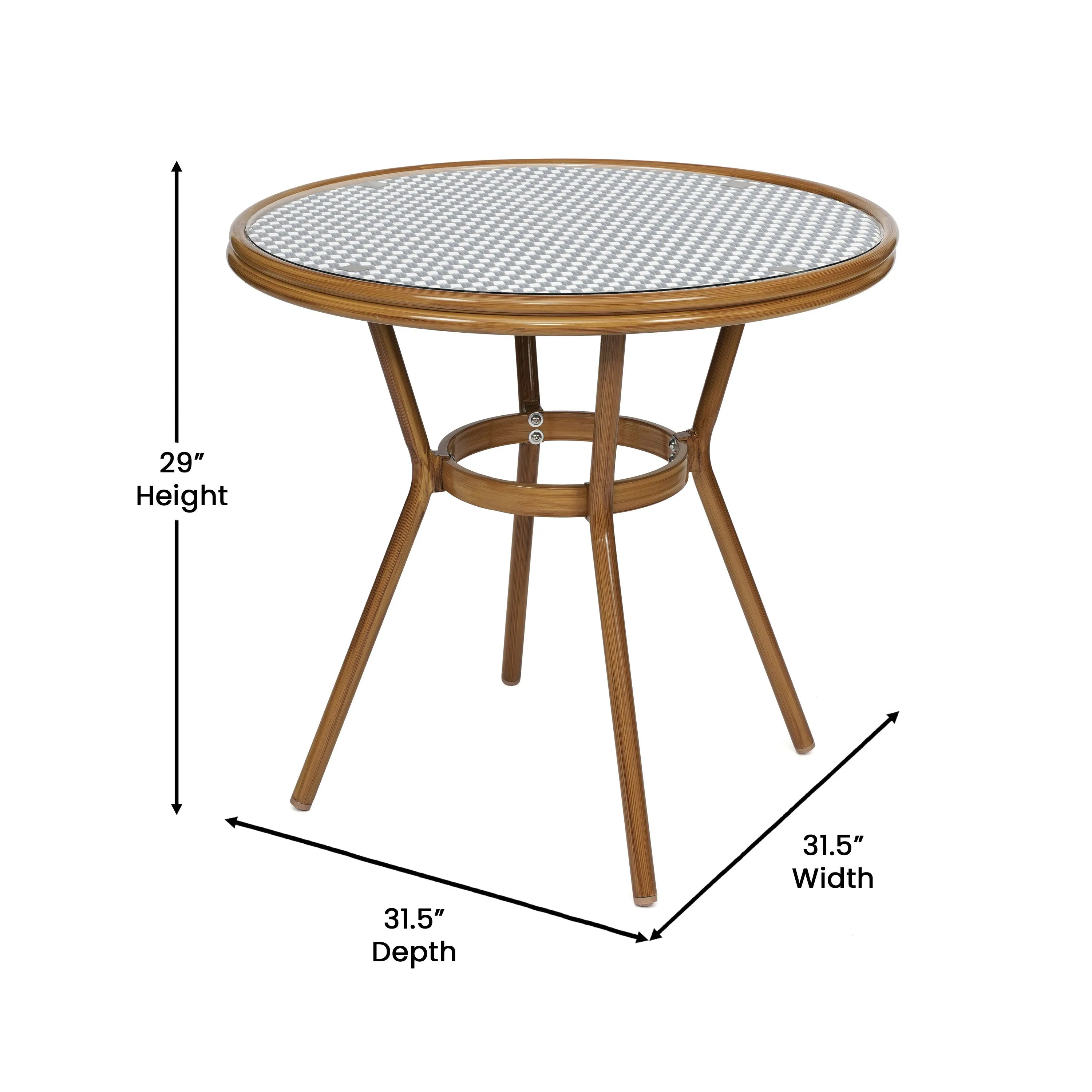 Lourdes Indoor/Outdoor Commercial Bistro 31.5" Table, PE Rattan, Glass Top, Bamboo Print Aluminum Frame